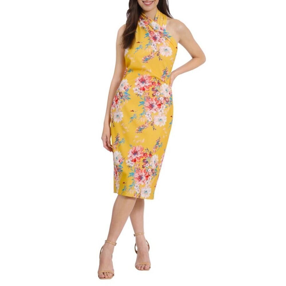 London Times Pleated Halter Neck Sheath Dress Women's 10 Yellow Floral NWT